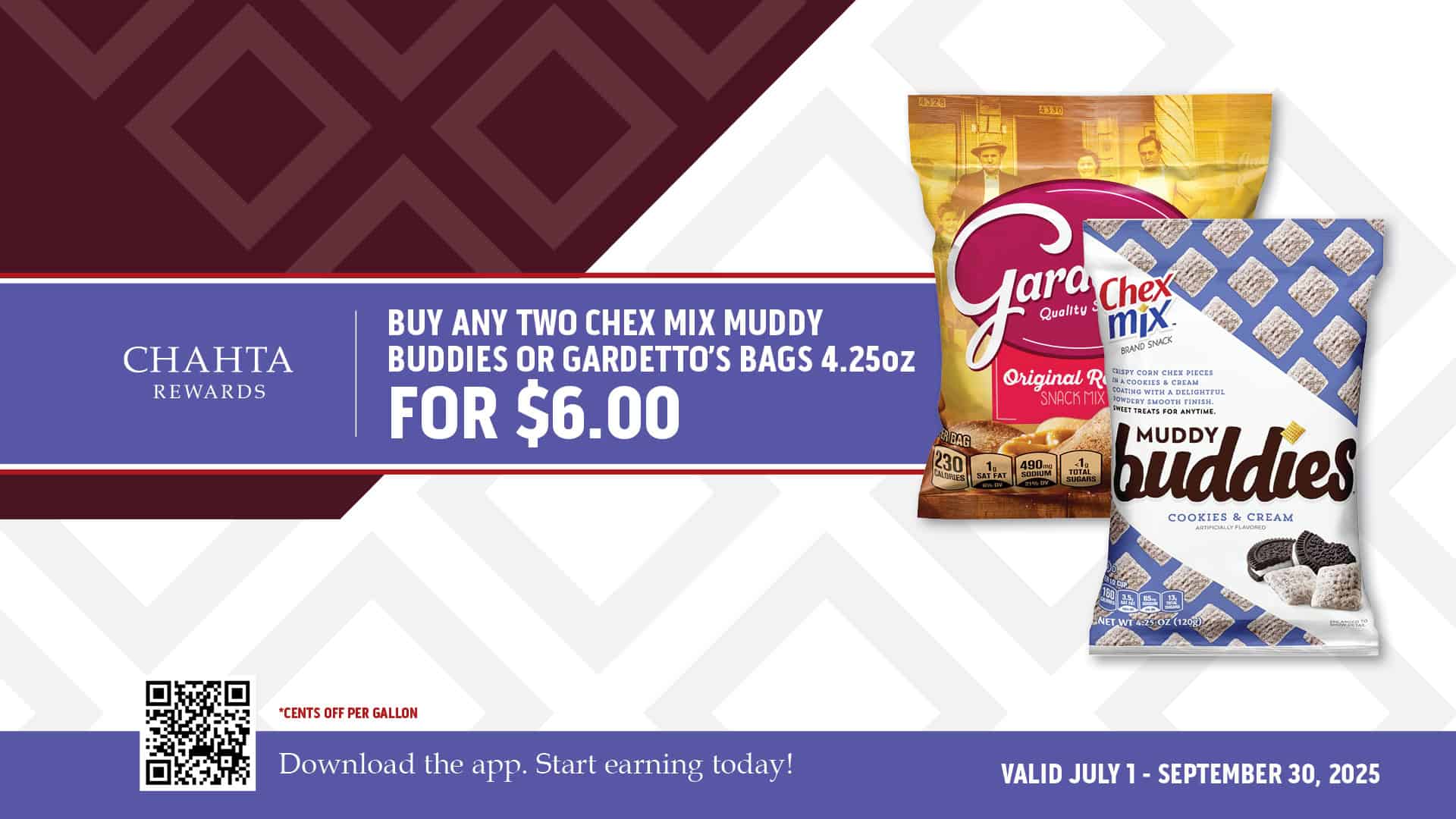 Buy any two Chex Mix Muddy Buddies or Gardetto's bags 4.25oz for $6