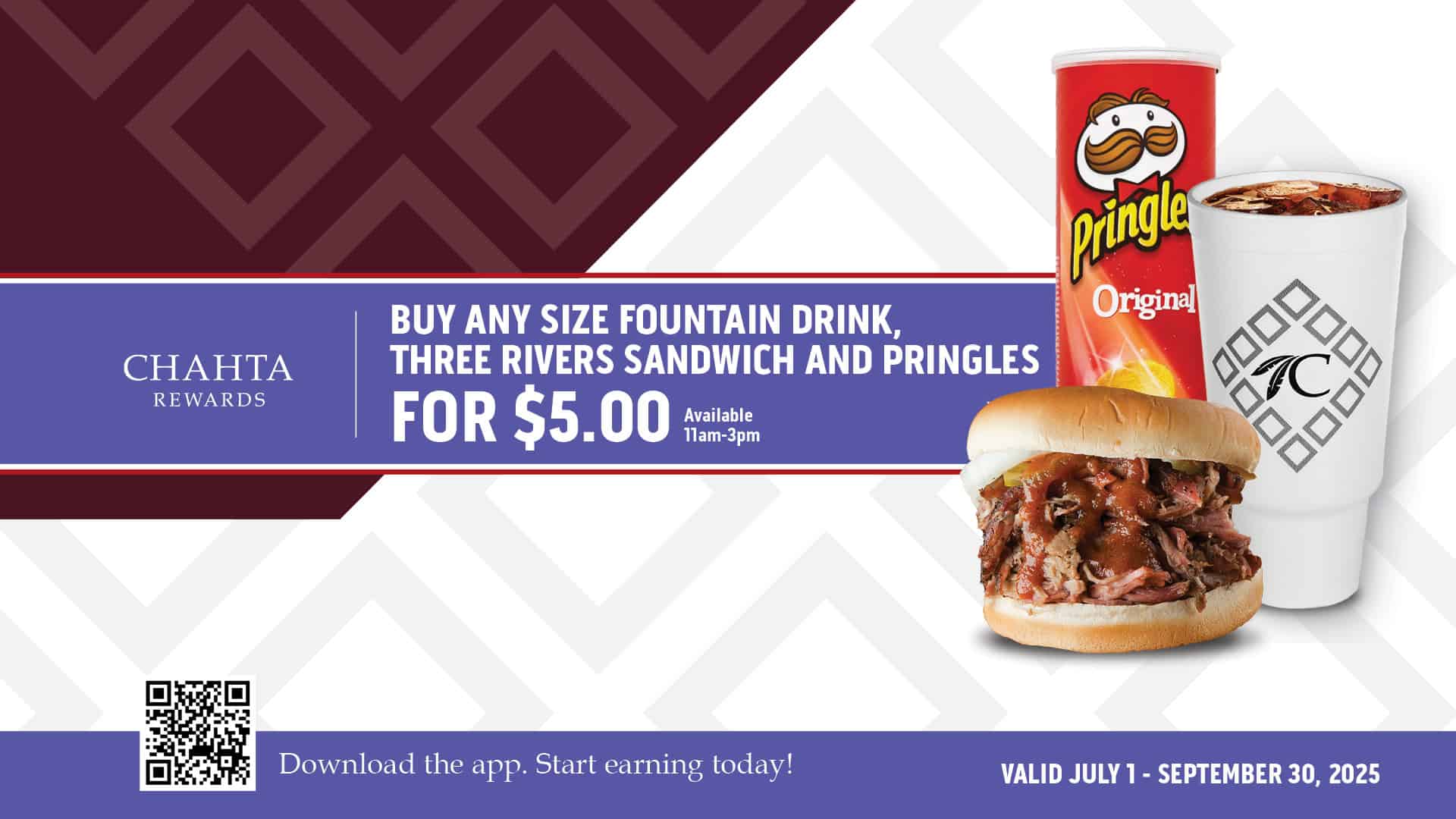 Buy any size fountain drink, Three Rivers sandwich and Pringles for $5